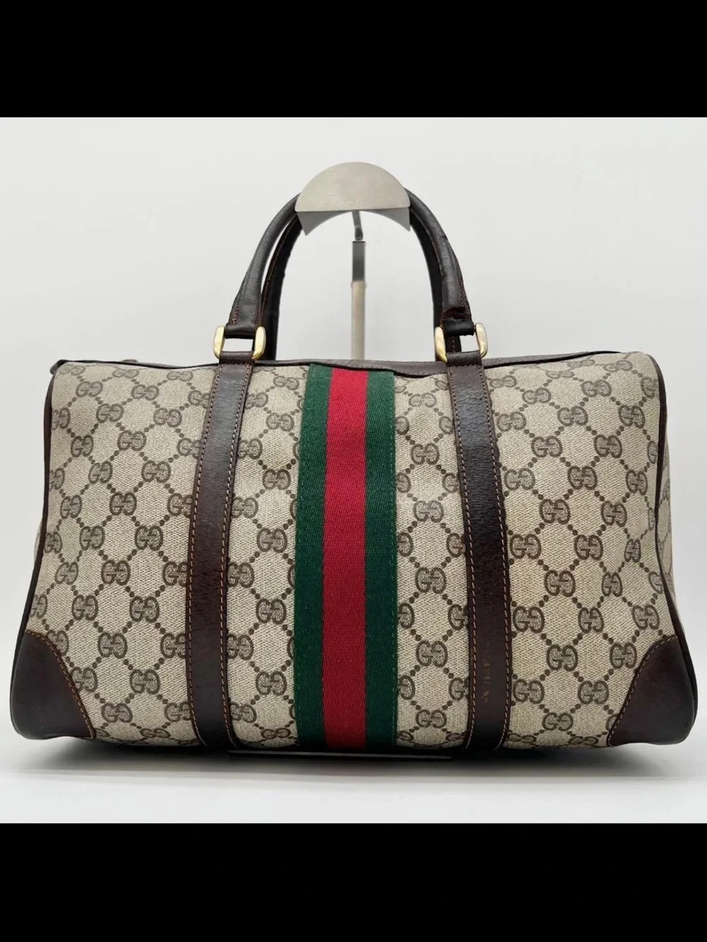 Gucci Brown GG Supreme Duffel with Red and Green Web Stripe